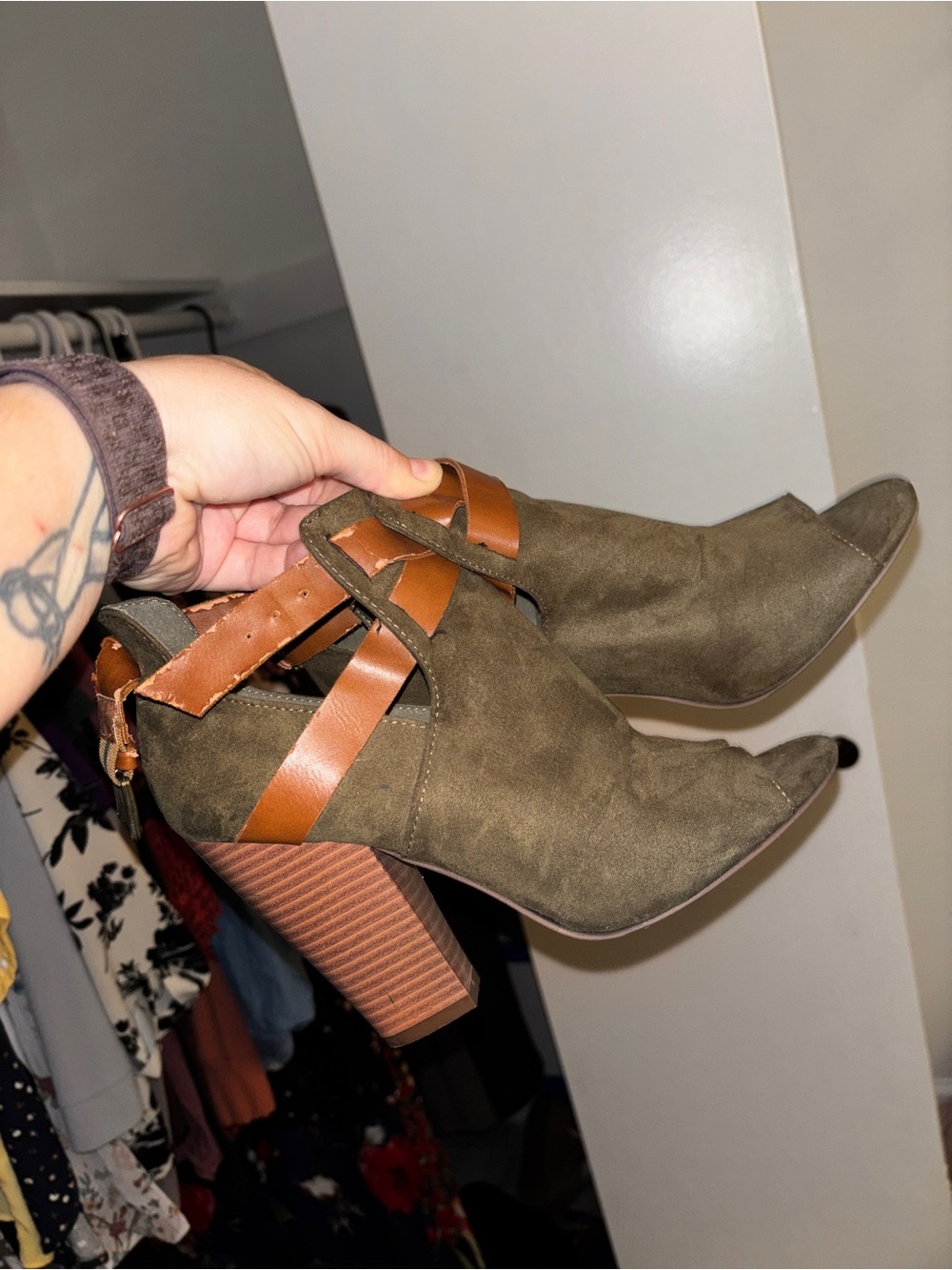 JustFab Olive Suede Peep-Toe Block Heel Booties with Tan Straps